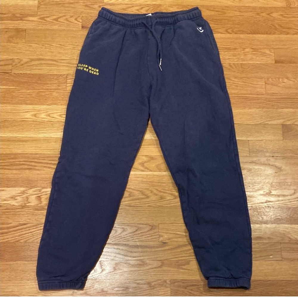 Blue Sweatpants with Yellow “Sleep When Your Dead” Logo